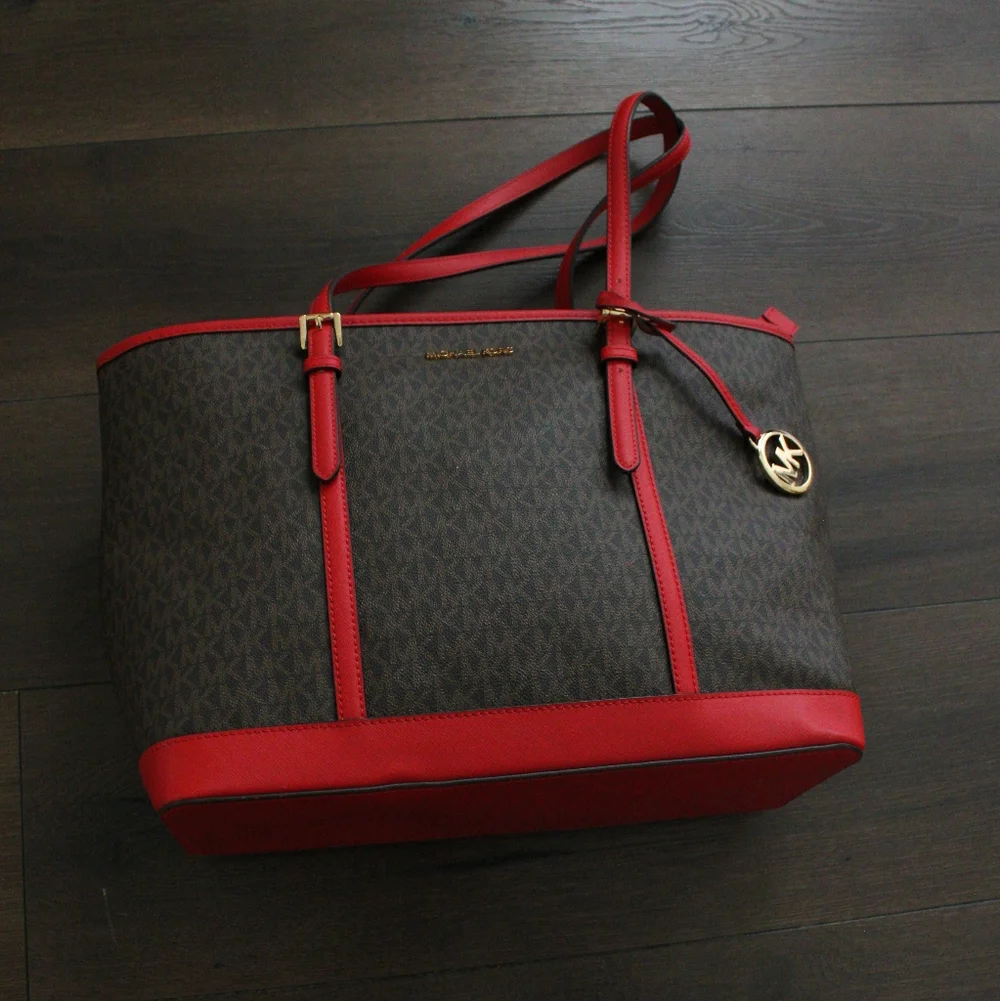 Michael Kors Red Trim Signature Tote Bag - Picture 10 of 11